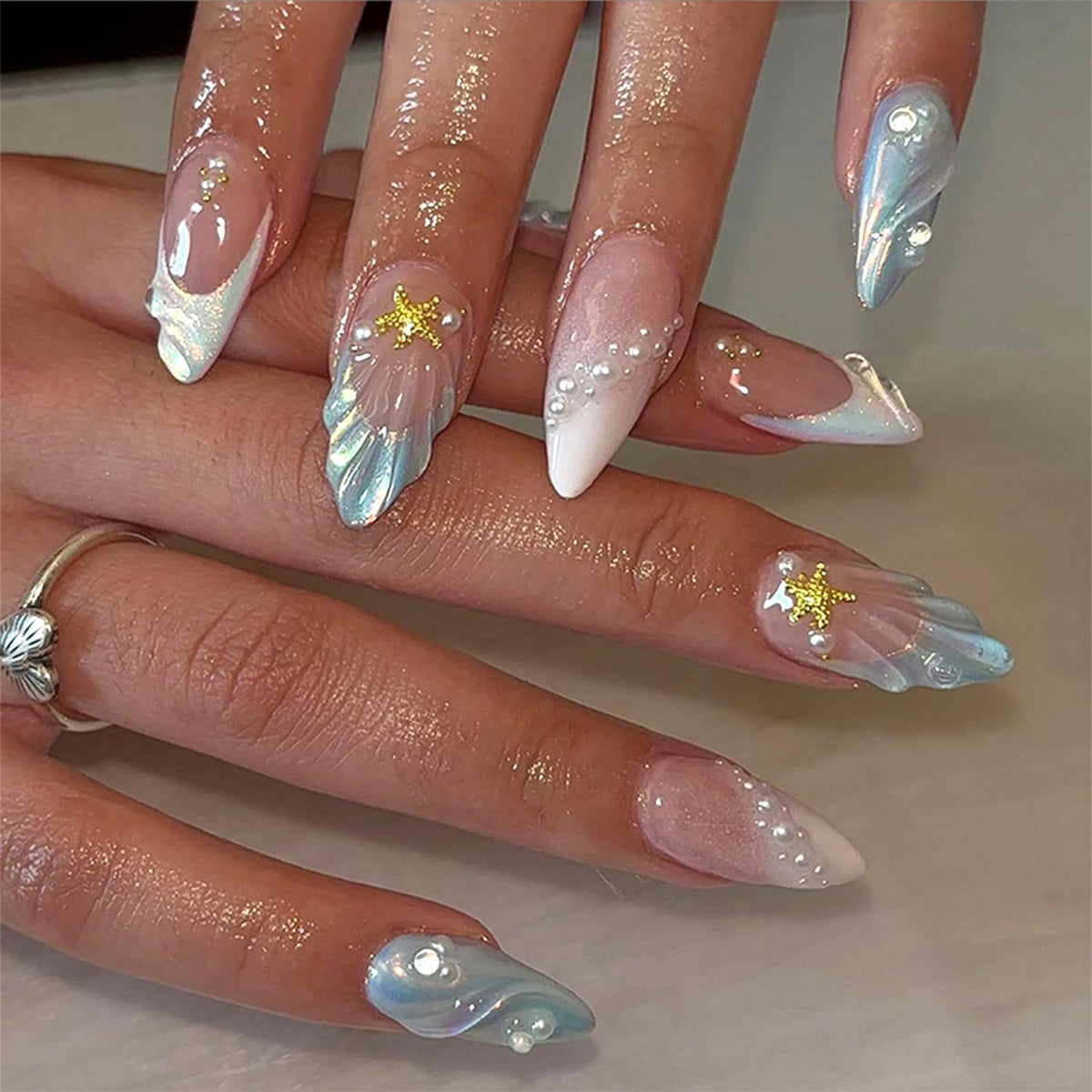 Stilettos Press on Nails White French Tip False Nails Glossy Extra Long Natural Glue on Nail Reusable Artificial Acrylic Stick on Nail for Women