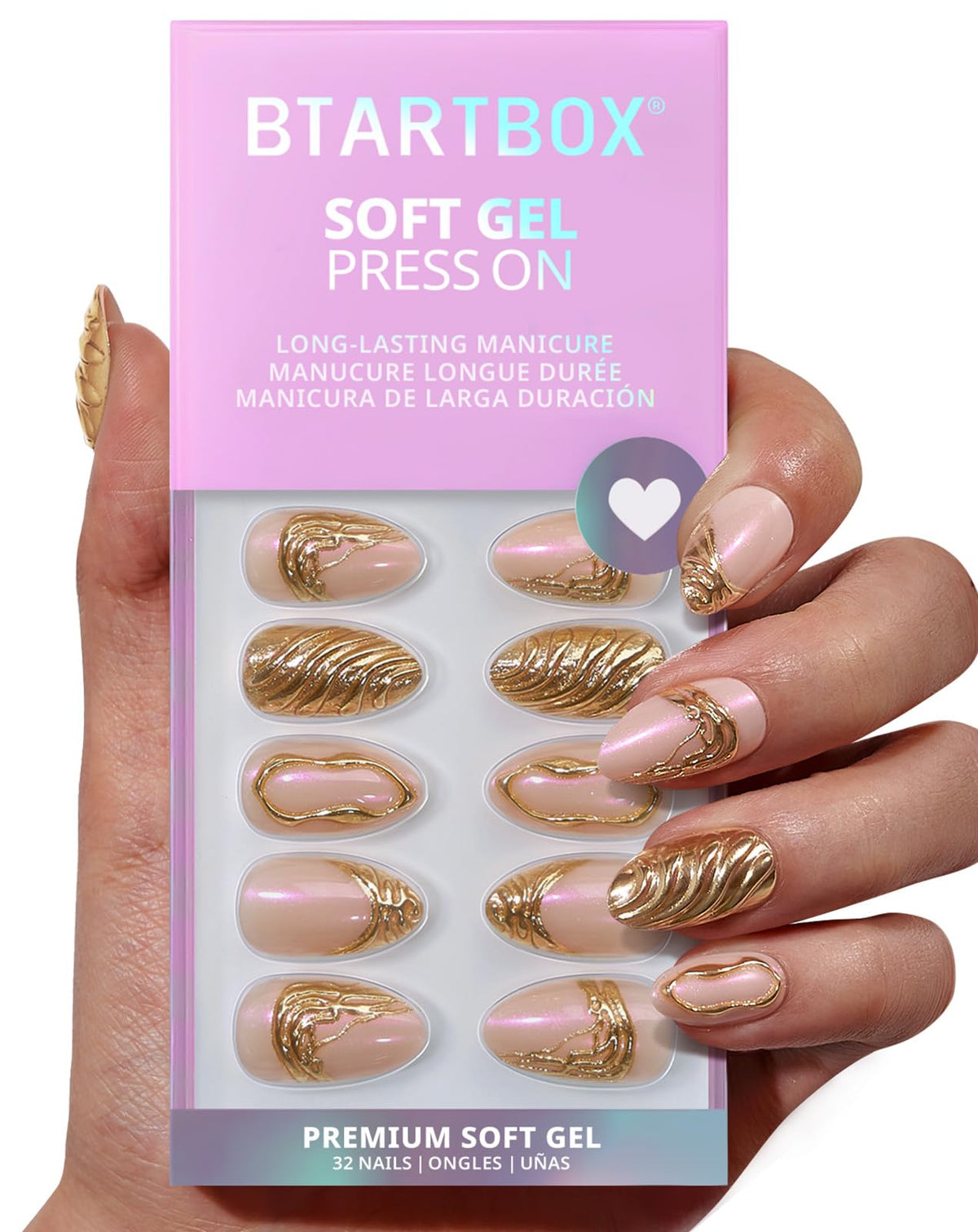 BTArtbox Press On Nails, Liquid Radiance, Medium Almond, Cat Eye, 32Ct | Lamp-Curable 4-Week Wear, Salon-Quality Natural Nails, 10-Minute Easy Daily Application, 16 Sizes, All-in-One Complete Kit