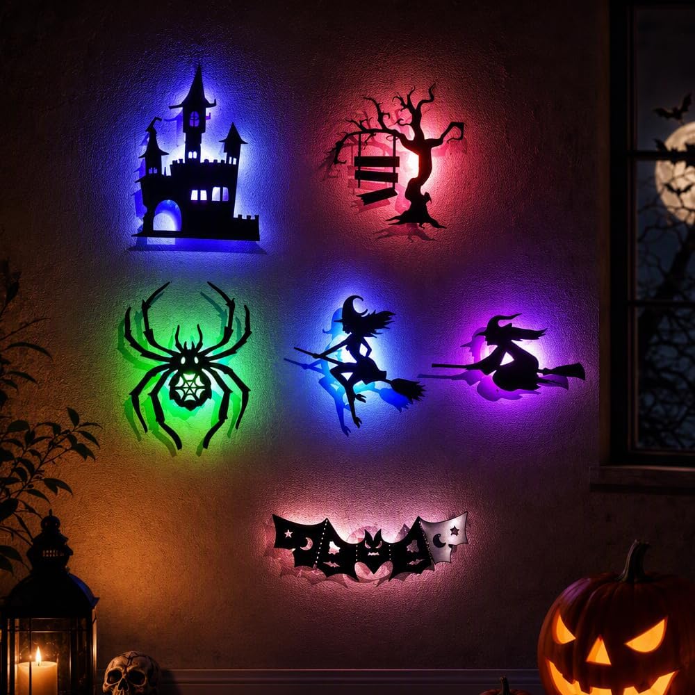 Halloween LED Wall Decor Lights 3D Bat Witch Stickers Window Clings (Black)