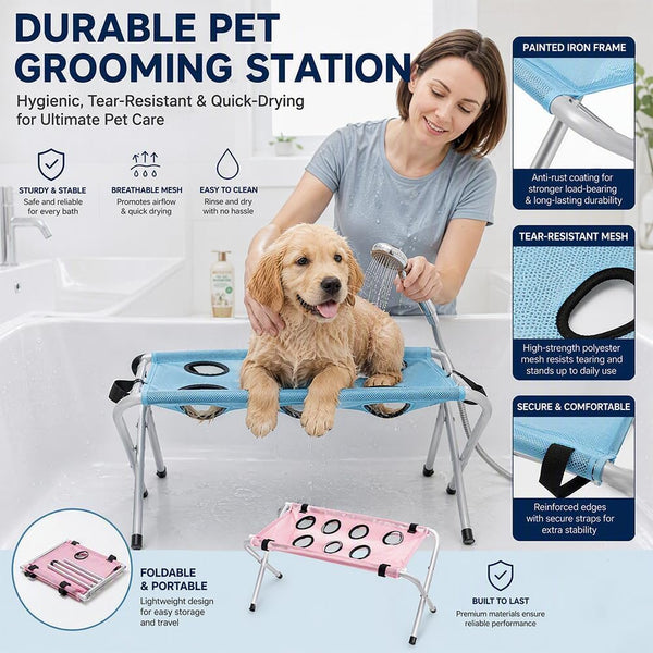 Dog Grooming Hammock, 2-in-1 Foldable Pet Bathing Bed with Stand，Pink | Pet Grooming Hammock, Dog Bath & Paw Wash Sling for Small Large Dogs, Nail Trimming, Shower Hammock, Foldable Stand
