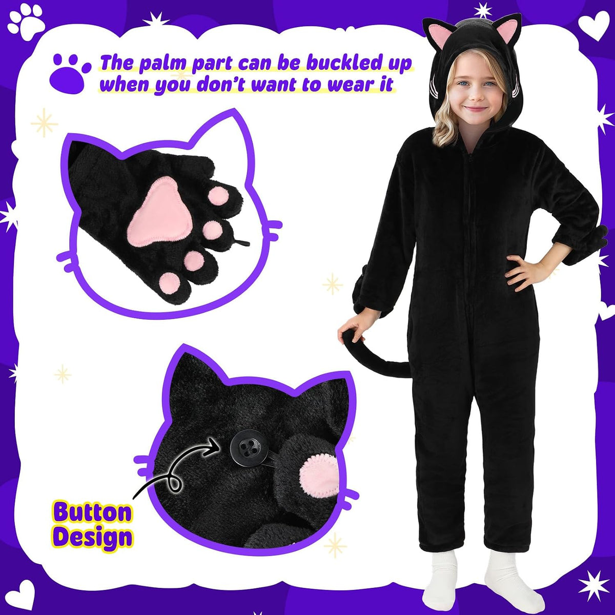 Joycover Halloween Black Cat Costume for Girls, Kids Cheetah Costume Onesie