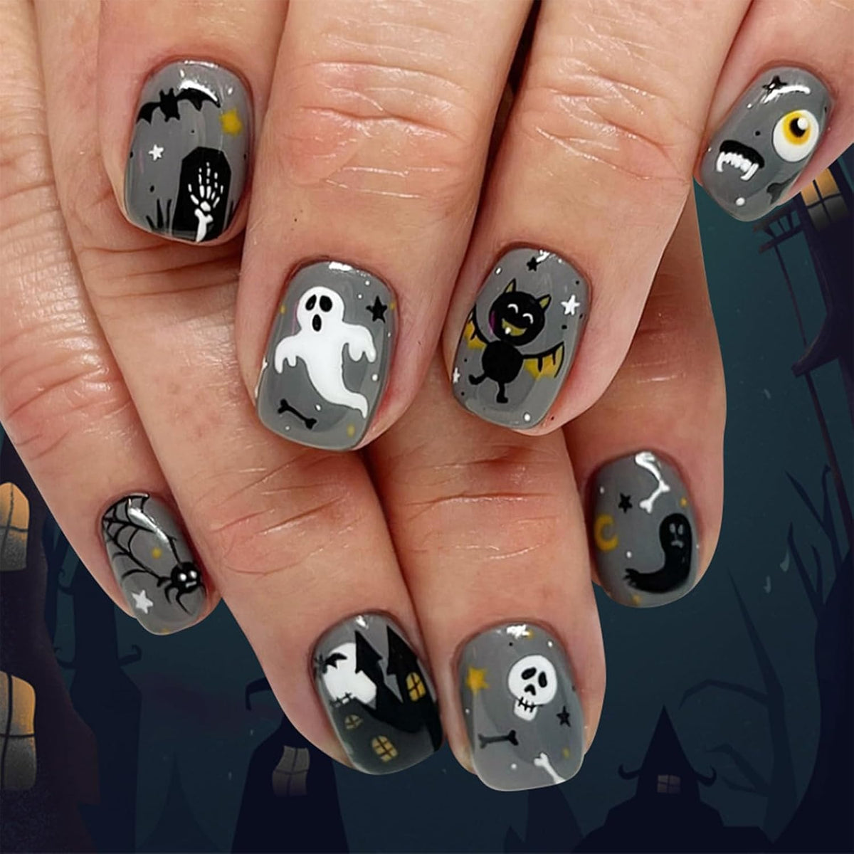 48Pcs Halloween Press on Nails Ghost Stick on Fingernails Monster Short Square False Nails Glossy Black Spider Web Acrylic Fake Nail Skull Gel Glue on Nail for Coquette Women Girls