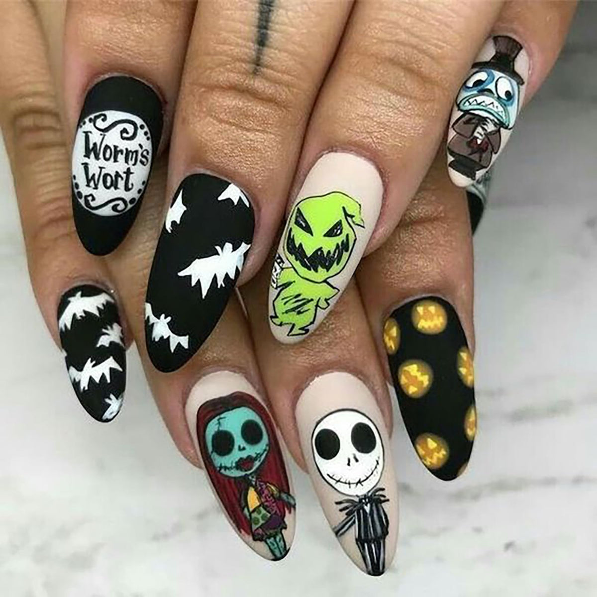 Halloween Press on Nails Medium Almond MABKJLF Fake Nails Glow in The Dark Full Cover Nightmare Christmas False Nails Glossy Glue on Nails Artificial Acrylic Nails for Women Girls 24 Pcs