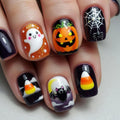 Pink Halloween Press on Nails Long Coffin Fake Nails Cute Ghost Bat Spider Web Design Glossy Acrylic Nails Reusable Stick on Nails Full Cover Artificial Nails Halloween Costume Party Daily Nail Decor