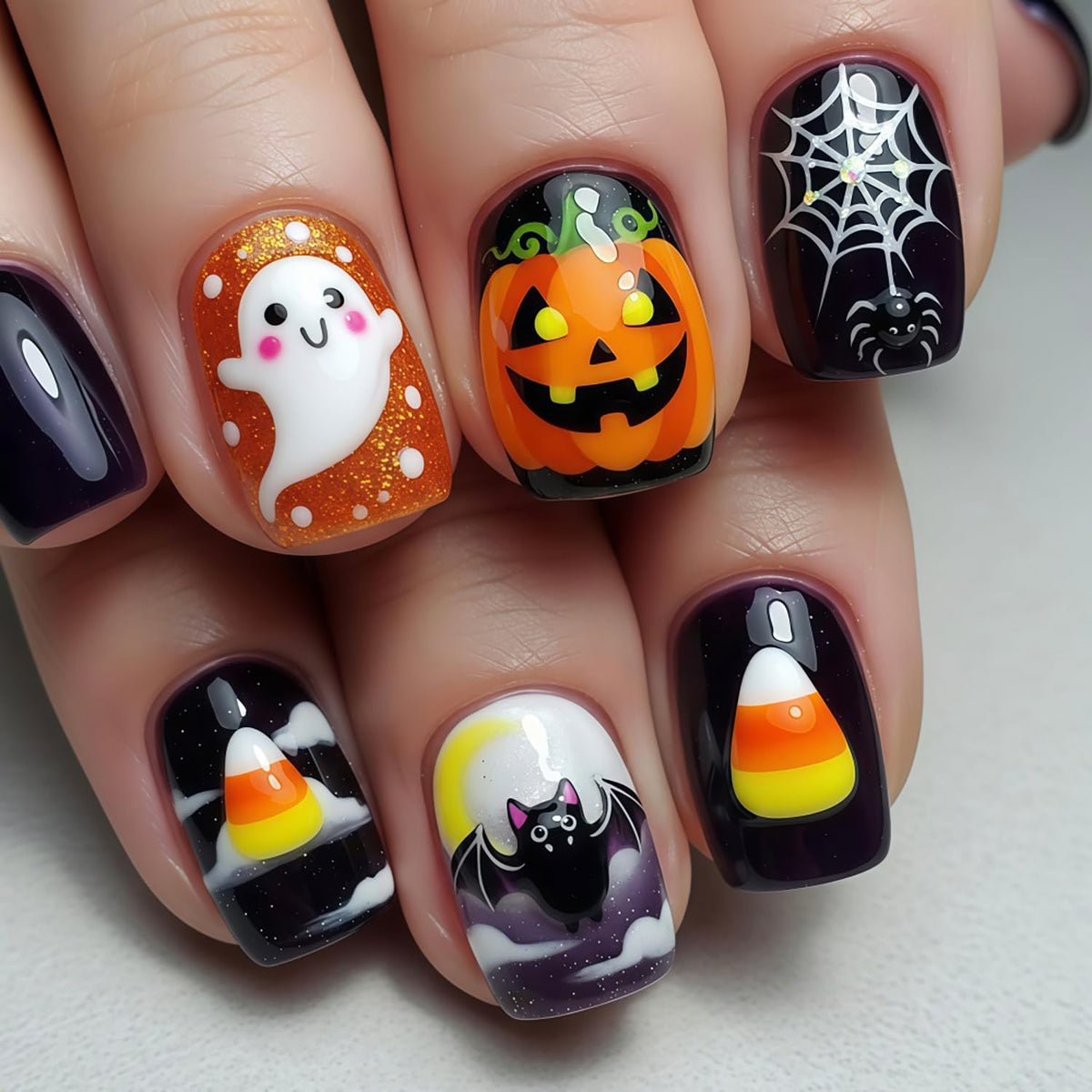 Pink Halloween Press on Nails Long Coffin Fake Nails Cute Ghost Bat Spider Web Design Glossy Acrylic Nails Reusable Stick on Nails Full Cover Artificial Nails Halloween Costume Party Daily Nail Decor