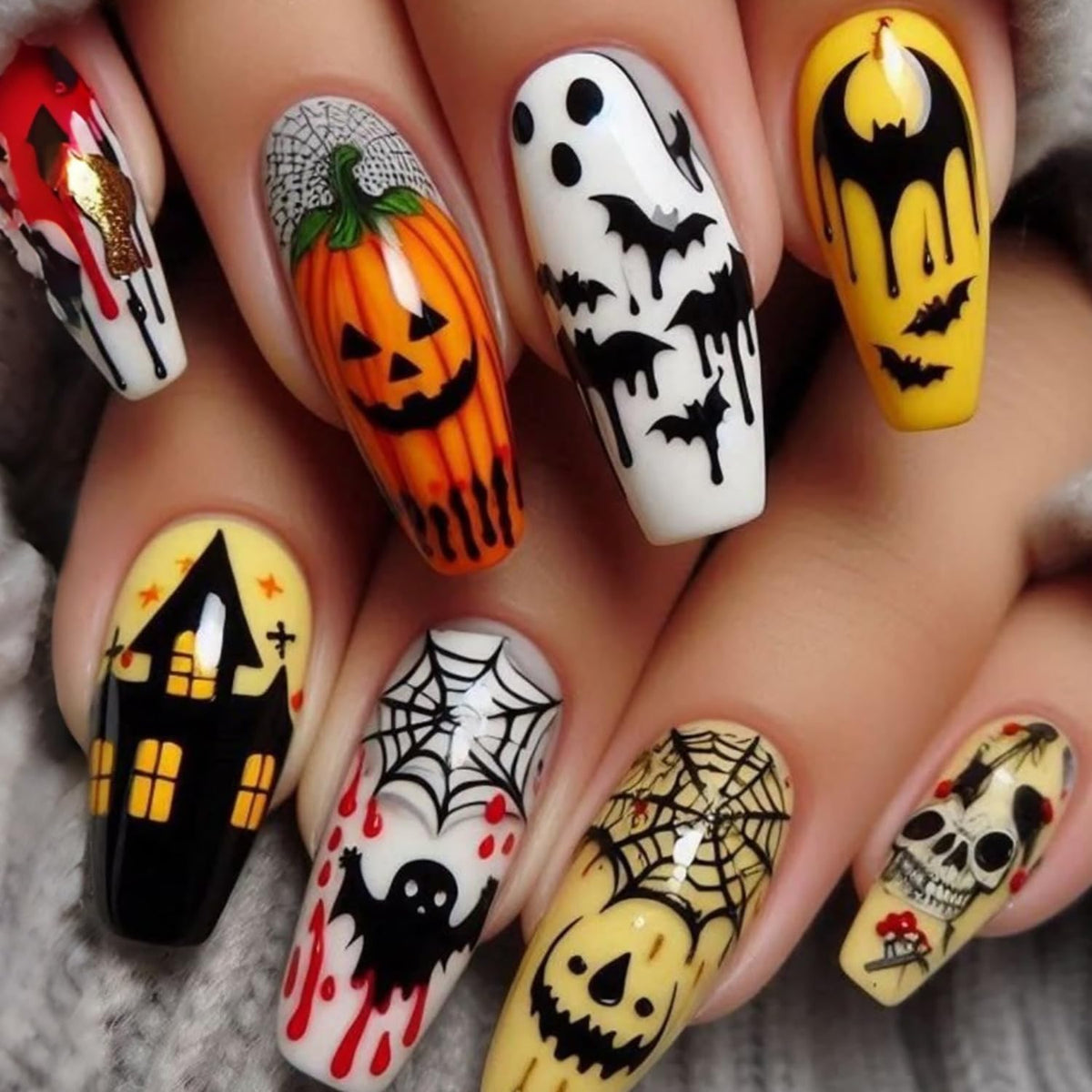 Pink Halloween Press on Nails Long Coffin Fake Nails Cute Ghost Bat Spider Web Design Glossy Acrylic Nails Reusable Stick on Nails Full Cover Artificial Nails Halloween Costume Party Daily Nail Decor