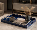 Gesodant Scalloped Glossy Plastic Lacquer Decorative Tray, 15.7 x 11.8 Inch Rectangle Serving Tray with Handles for Coffee Table, Ottoman, Bedroom Vanity, Living Room Centerpiece (Royal Blue & Gold)
