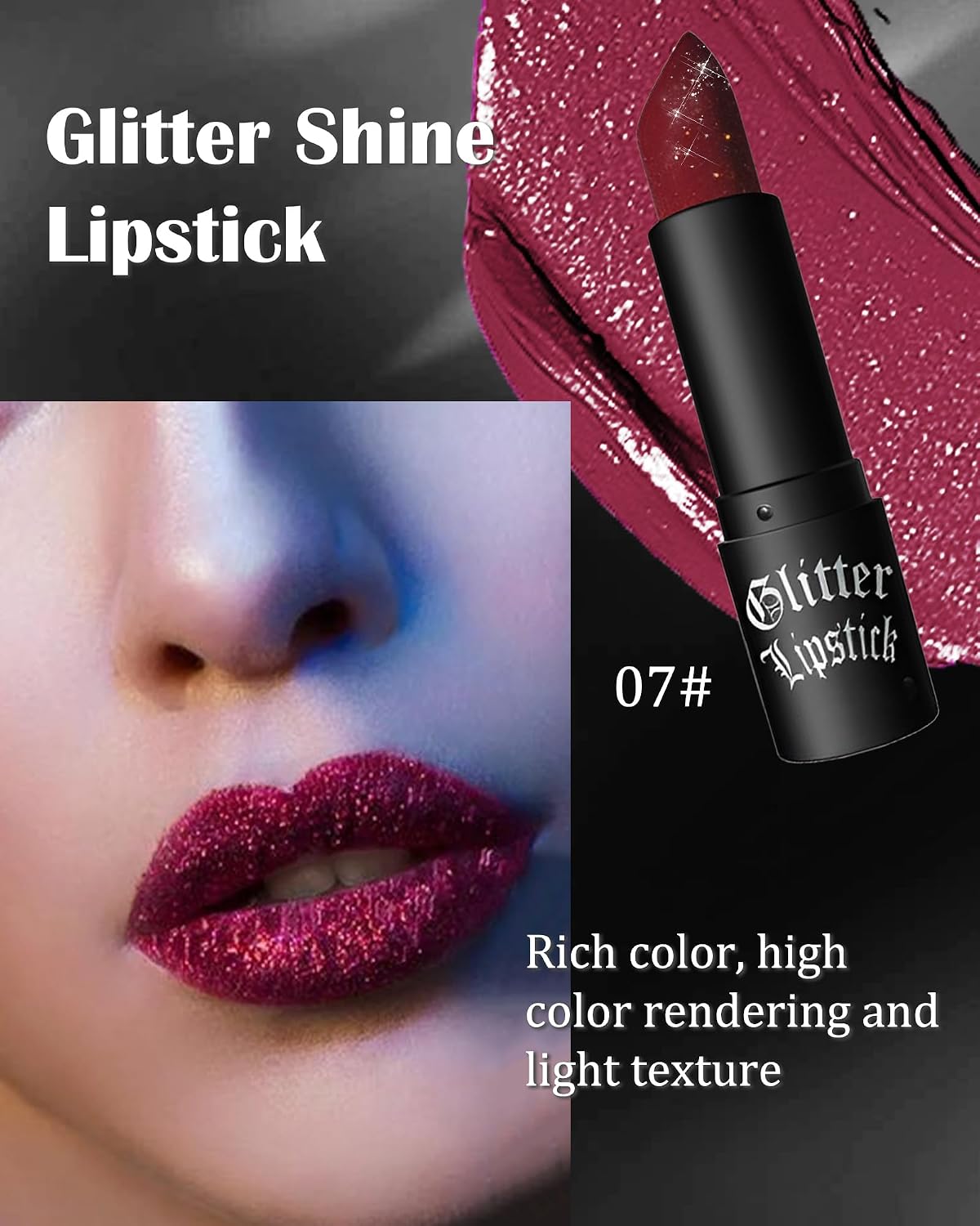 Glitter Frosted Lipstick, Matte Metallic Lip Gloss, Halloween Gothic Makeup
