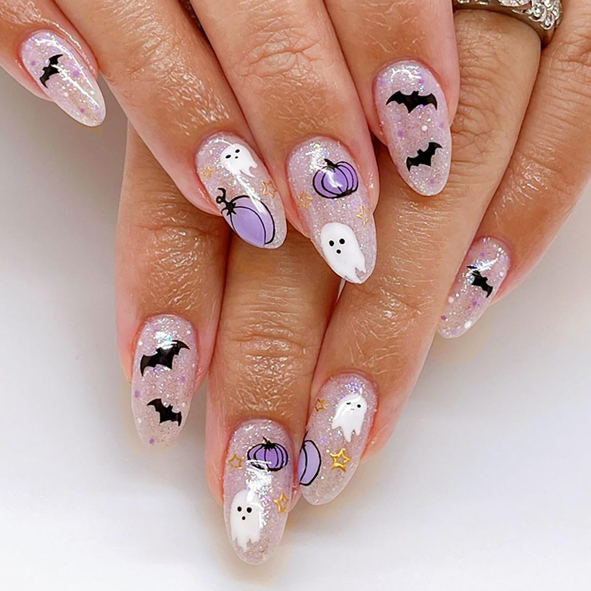 Halloween Press on Nails Medium Almond MABKJLF Fake Nails Glow in The Dark Full Cover Nightmare Christmas False Nails Glossy Glue on Nails Artificial Acrylic Nails for Women Girls 24 Pcs