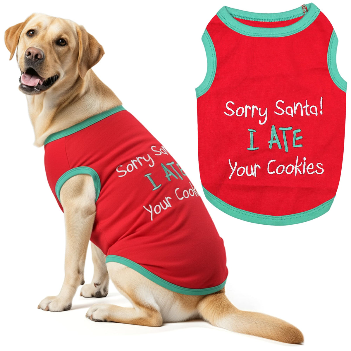 Parisian Pet Dog Tshirt - Embroidered “ Sorry Santa I Ate Your Cookies “ Dog Shirt - Lightweight Cotton Pet Christmas Outfit - Sleeveless Christmas Puppy Clothes - Shirts for Small Dogs - XXS