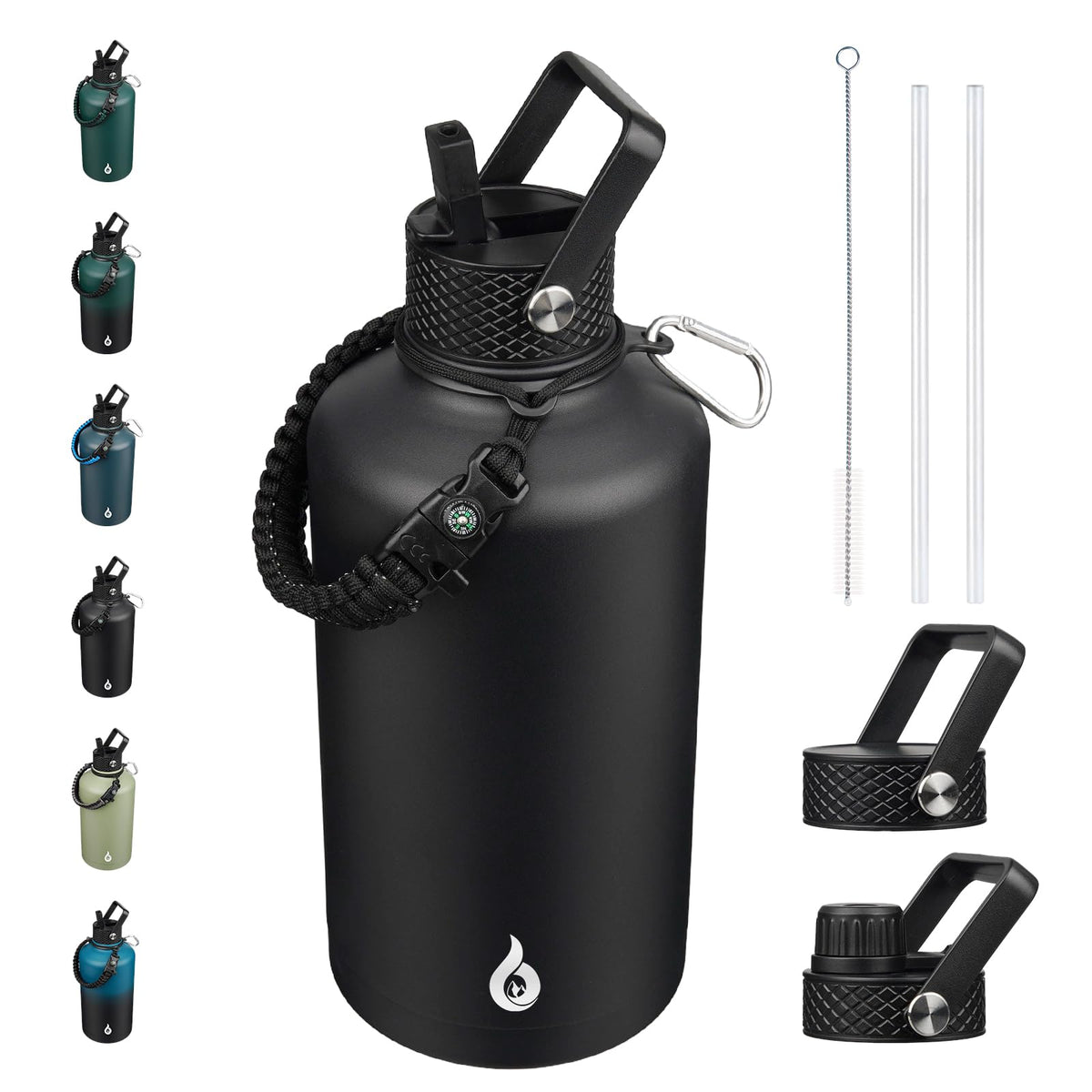 BJPKPK Half Gallon Insulated Water Bottles with Straw Lid & Side Handle, 64oz Large, Stainless Steel Water Bottles with 3 Lids and Paracord Strap, Metal Water Jug,Black