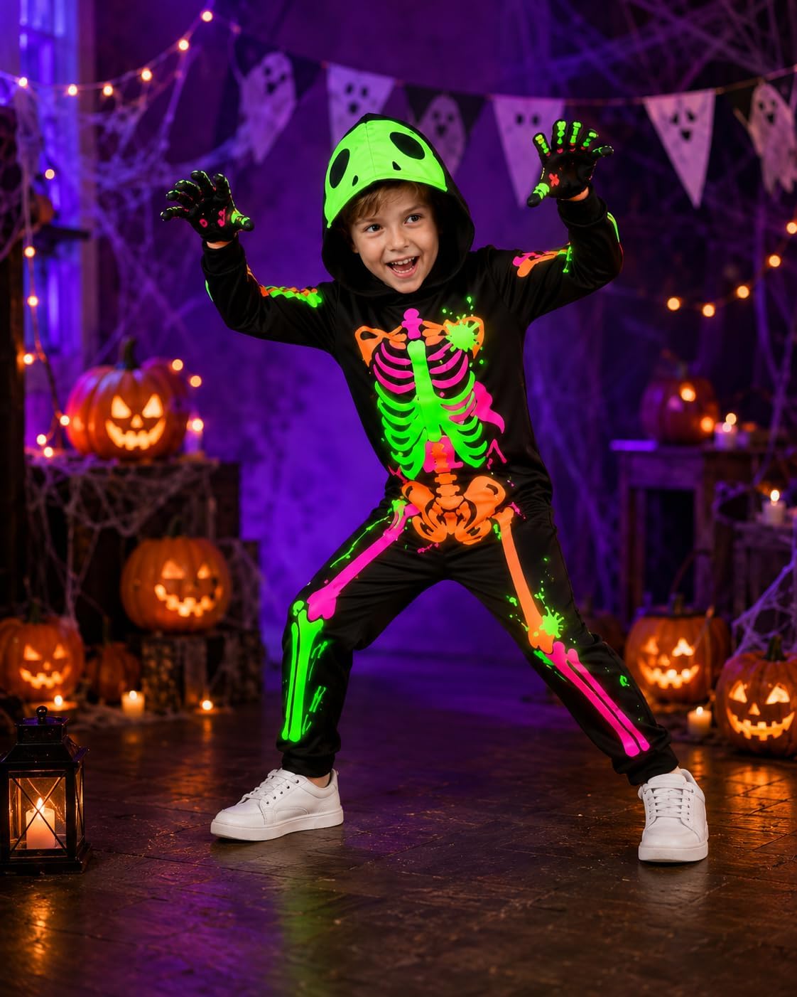 Glow in the Dark Colorful Skull Bones Jumpsuit Halloween Outfit for Kids Unisex Toddler Luminous Skeleton Costumes