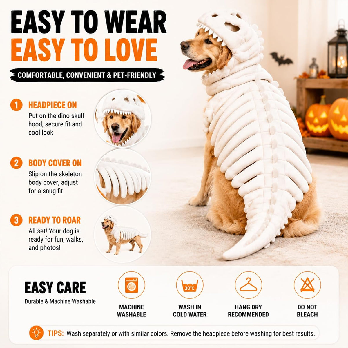 Dog Dinosaur Costume, Glow in the Dark Dinosaur Halloween Costume for Dogs (47.2inch(Big Dog))