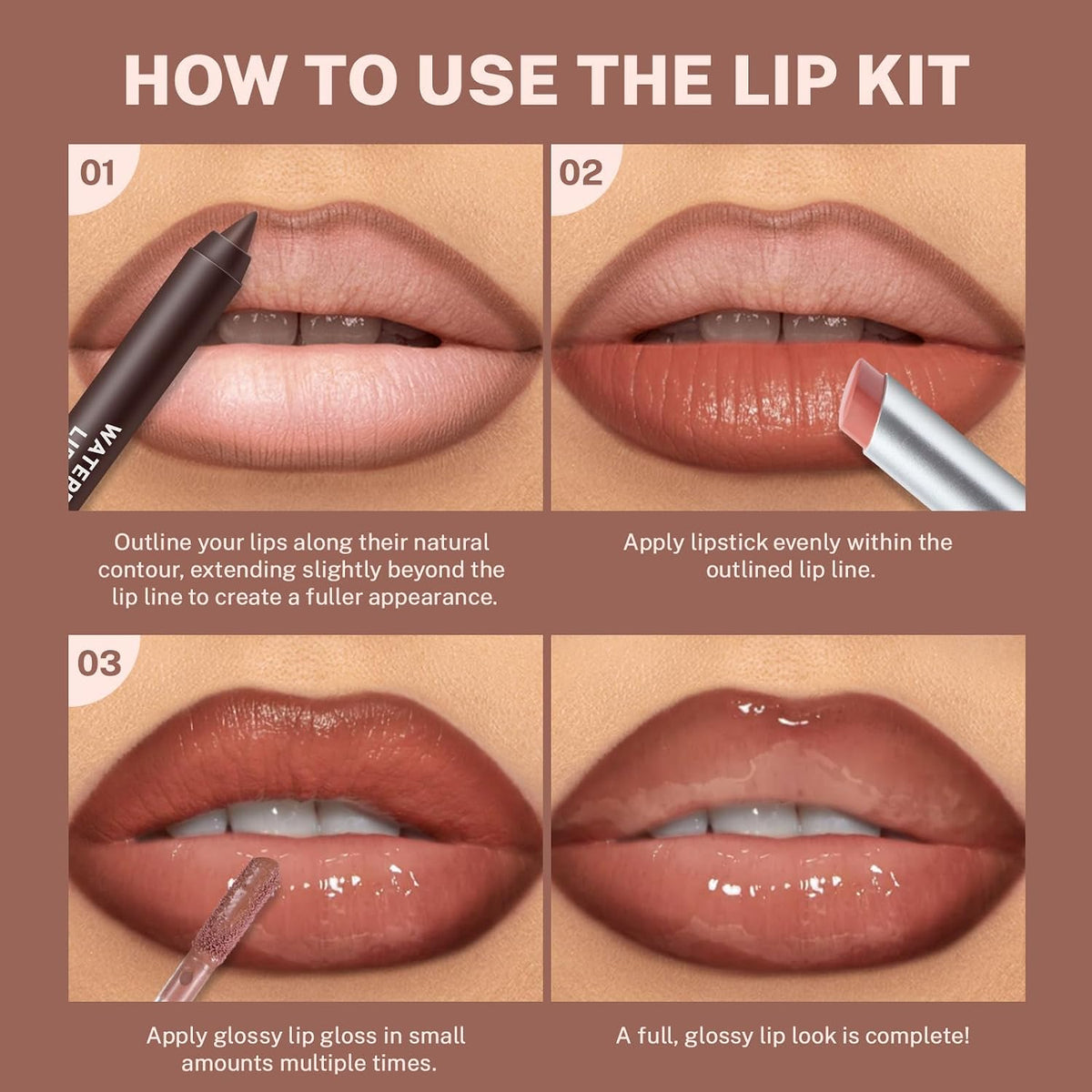 Noerrors 3Pcs Lip Combo Set, Lip Kit with Brown Plumping Lip Liner & Nourishing Lipstick & Nude Glossy Lip Gloss, Long-Lasting, Lightweight, Non-Sticky, Juicy Nude Pink Lip Contour Trio Set for Women