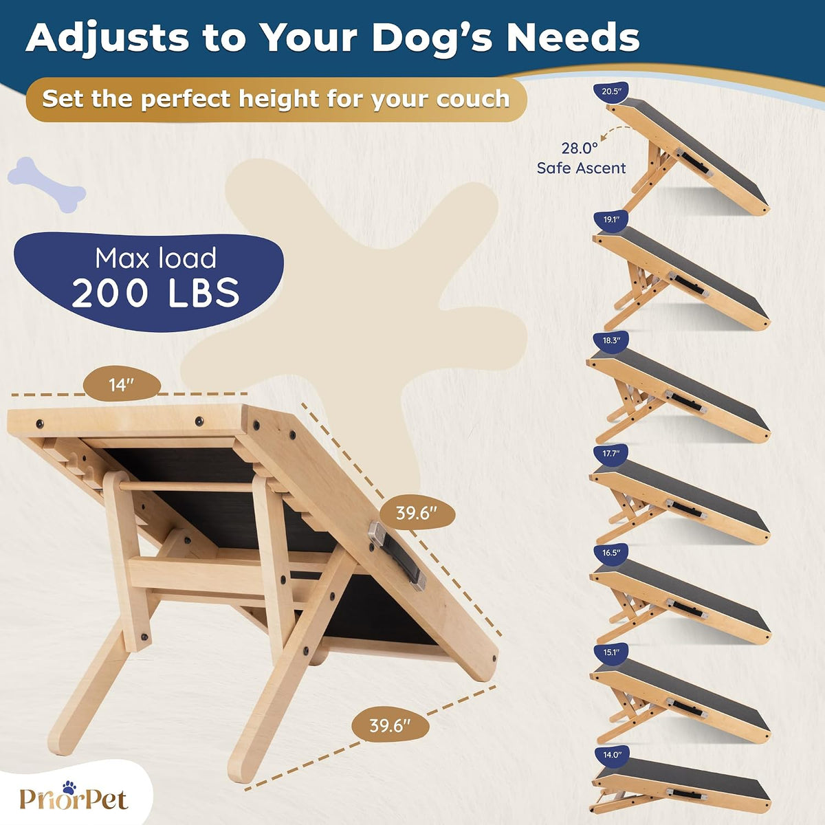 Dog Ramp for Couch – Non-Slip, Sturdy Build Foldable Wooden Dog Ramp – Supports up to 200 lbs – 7 Adjustable Heights (14"–20.5") – Enhanced Stability – Birchwood Pet Ramp for Small Dogs – Natural
