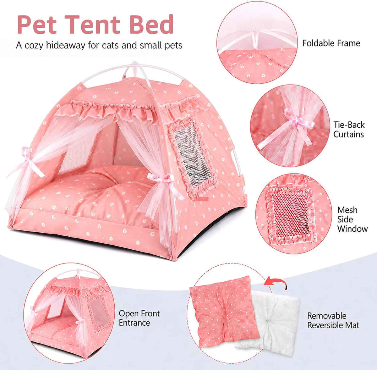 Pink Princess Cat Bed Dog Tent, Indoor House for Small Puppies and Kittens | Portable Pet Teepee Bunny Nest Foldable Cozy Cave Hideaway Washable Cushion Reversible Mat Home Use, 15.7 x 15.7 x 14.6 in