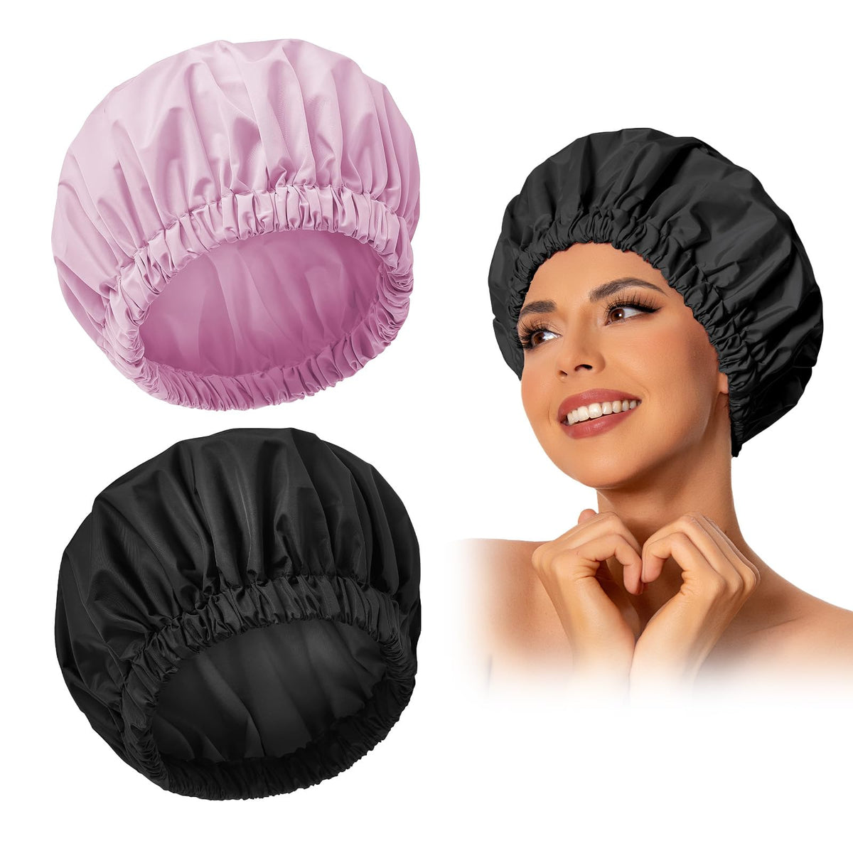 Edoneery Reusable Shower Caps for Women, Waterproof Long Hair Bonnet | Washable Design, Wide Elastic Band, Large Fit, Holds Long Hair, Braids Friendly, Bath Accessories, Spa, Travel