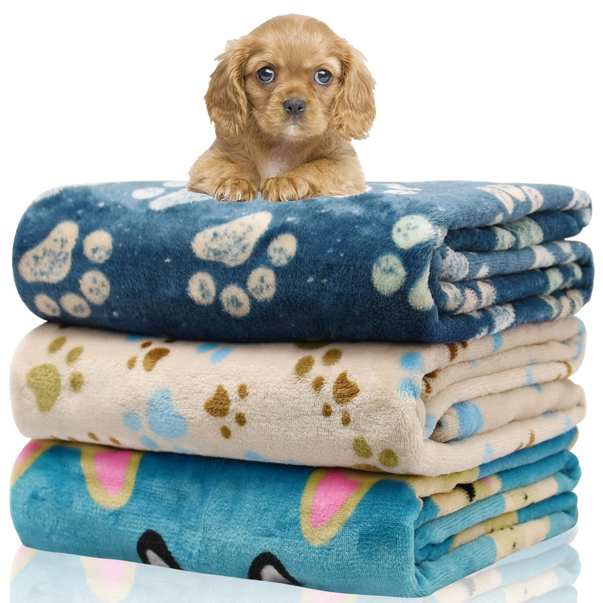 Rezutan 1 Pack 3 Blankets for Dogs, Dog Blanket for Large & Medium Pet Cat, Premium Soft Fluffy Suitable for Dog Kennels & Beds, Sofas, Gifts Puppy Essentials, 41x31inch, Gray/Blue/Beige
