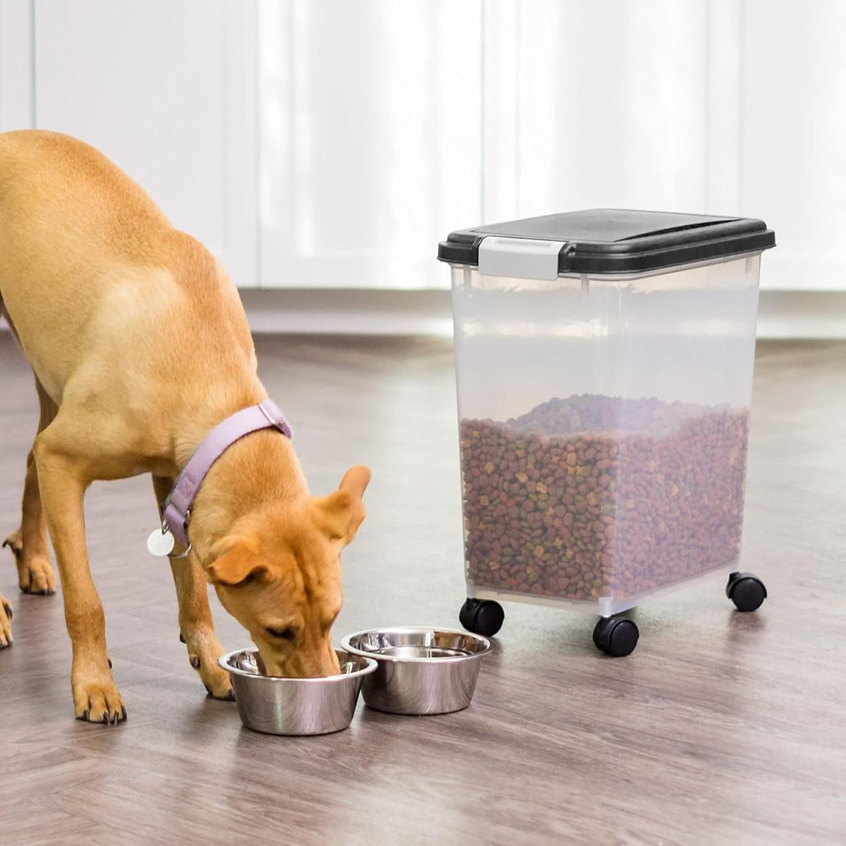 IRIS USA Airtight Pet Food Storage Container with Wheels, Black, 30 lb Capacity - BPA-Free Clear Plastic Bin with Snap-Lid Seal to Keep Kibble, Pellets or Seeds Fresh for Dogs, Cats and Birds