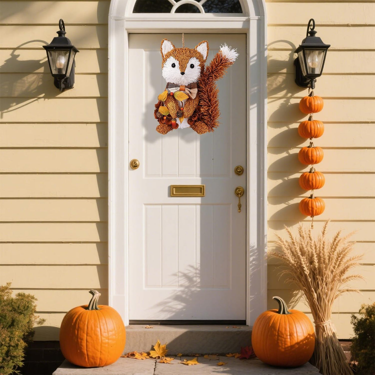 Fall Wreath for Front Door, 13.4" Thanksgiving Straw Fox Figurine with Woodchip Pinecone, Hanging Harvest Autumn Gifts, Tabletop Centerpieces, Woodland Animal Home Kitchen Office Decor