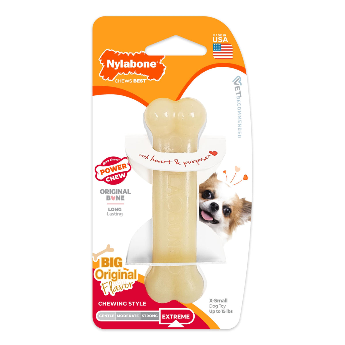 Nylabone Original Bone Power Chew Toys for Dogs, Durable & Tough Dog Toys for Aggressive Chewers, Long Lasting Chicken, Bacon, and Peanut Butter Flavor, Small - Up to 25 lbs, 1 Count