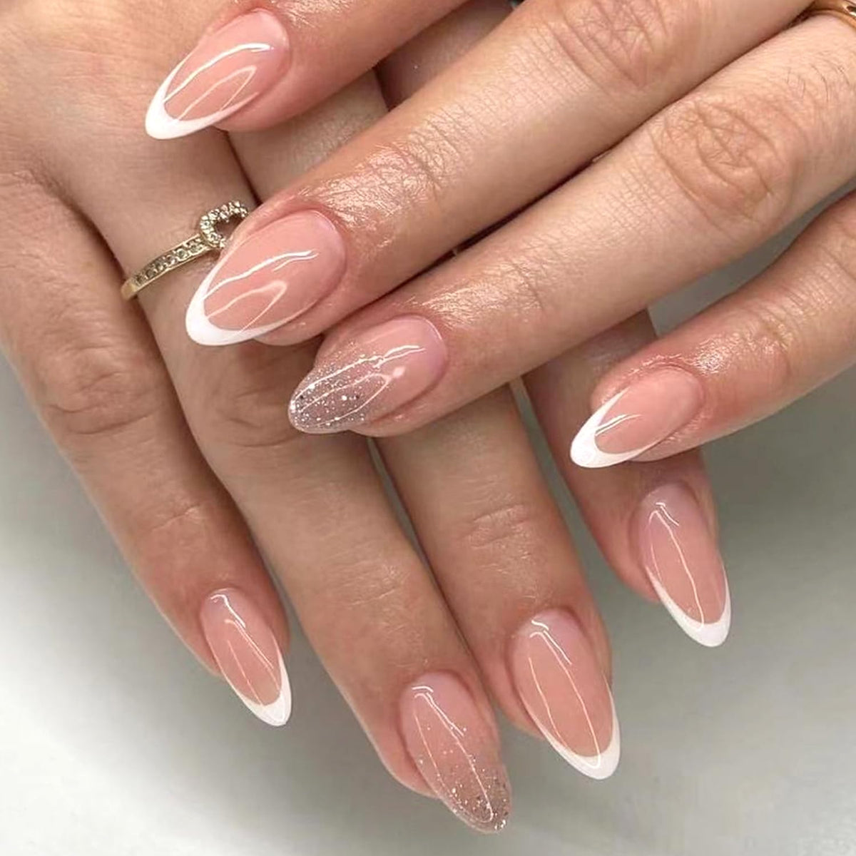 Stilettos Press on Nails White French Tip False Nails Glossy Extra Long Natural Glue on Nail Reusable Artificial Acrylic Stick on Nail for Women