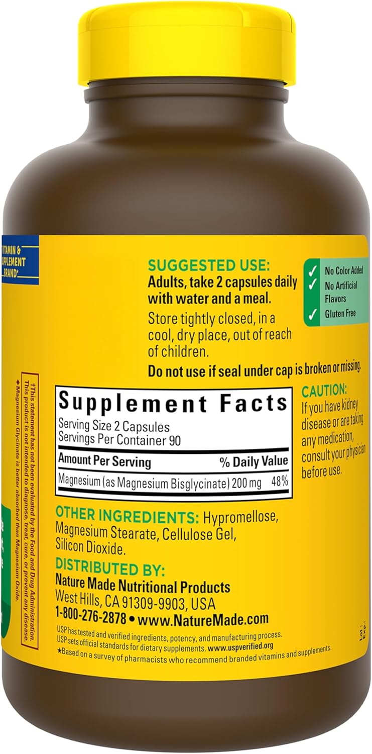 Nature Made Magnesium Glycinate 200 mg per Serving, 180 Capsules | High Absorption Magnesium Supplement for Muscle, Heart and Bone Support, Magnesium Bisglycinate Capsules, 90 Day Supply