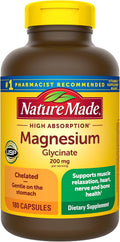 Nature Made Magnesium Glycinate 200 mg per Serving, 180 Capsules | High Absorption Magnesium Supplement for Muscle, Heart and Bone Support, Magnesium Bisglycinate Capsules, 90 Day Supply