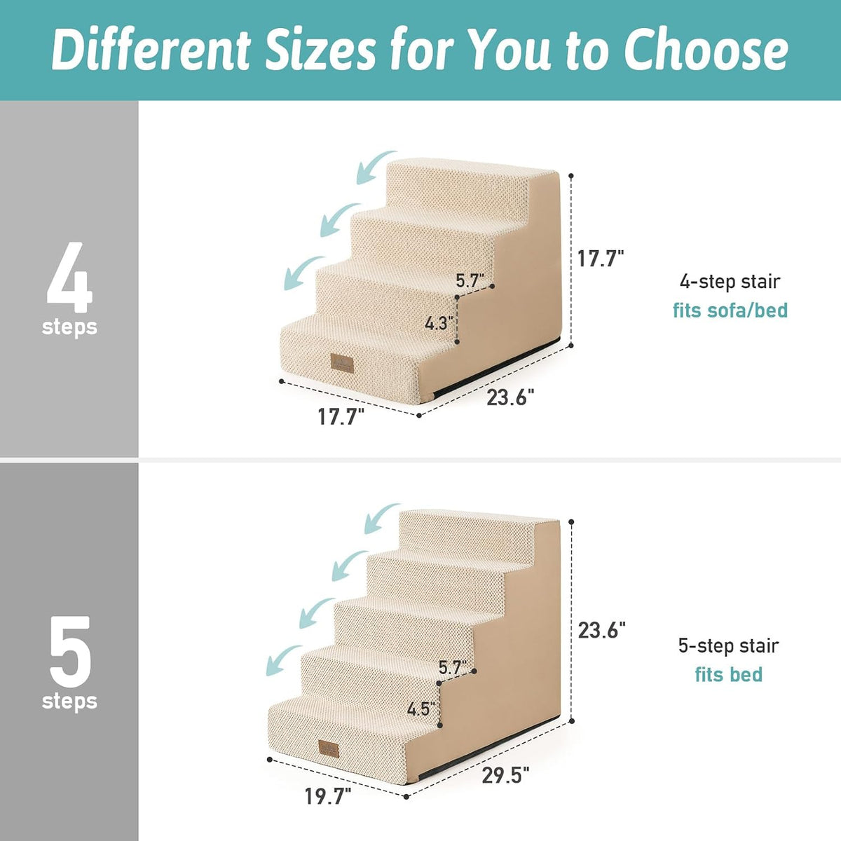 COZY KISS Dog Stairs for Small Dogs, 5 Tier Wider Pet Stairs for High Beds, 23.6" H Non-Slip Dog Steps for Old Cats, Puppies, Small Medium Dogs, 19.7x29.5x23.6 inch, Beige
