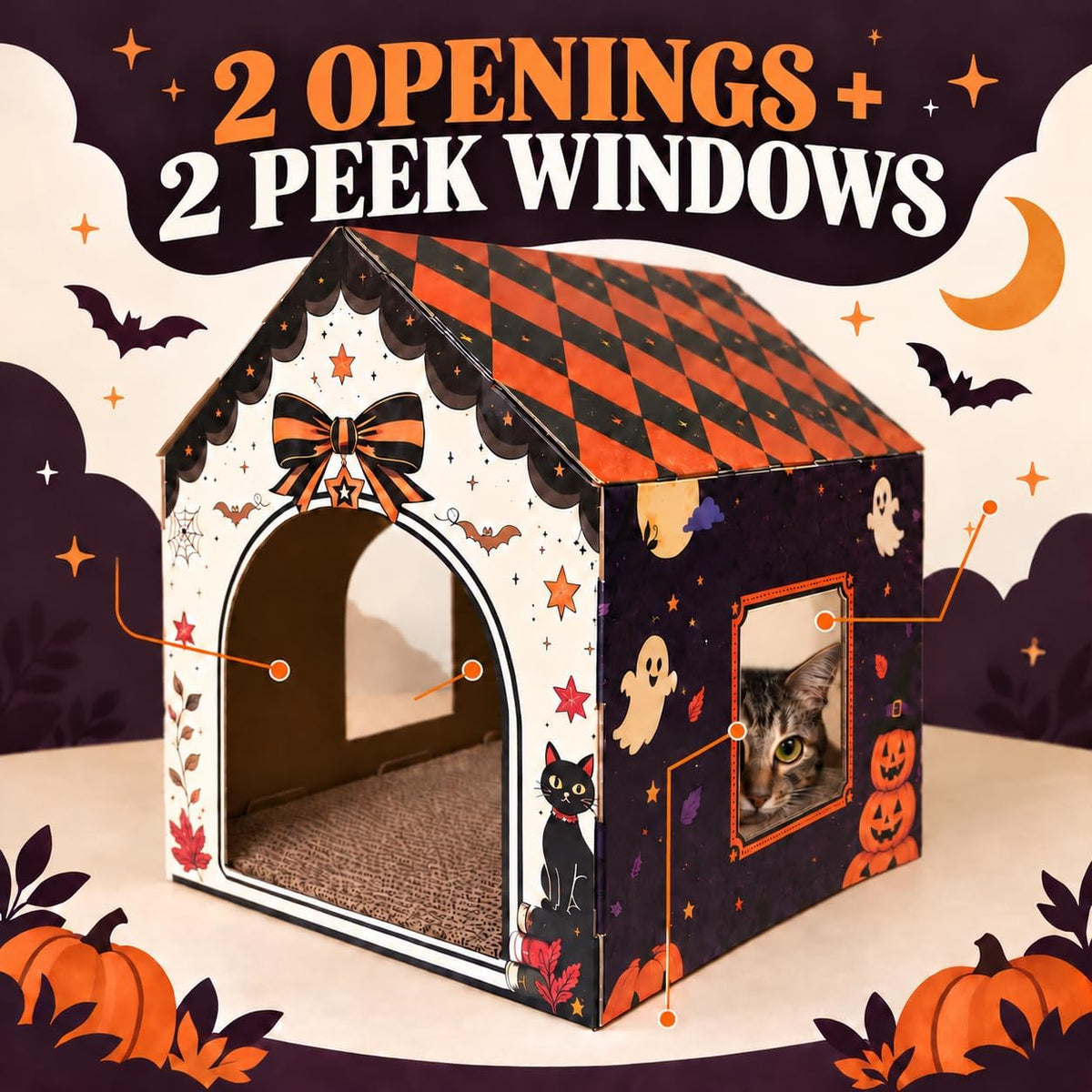 Halloween Cardboard Cat House with Scratcher Pad, 16.5 x 12.5 x 15.5 in