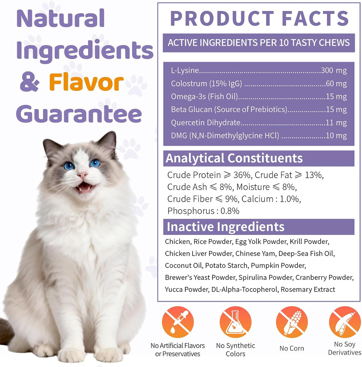 Lysine for Cats, 500ct Cat Immune Support Chews, L-Lysine Supplement for Cats with Colostrum, Omega-3, Soothes Sneezing, Runny Nose & Upper Respiratory Support, Crunchy & Creamy, Chicken Krill Flavor