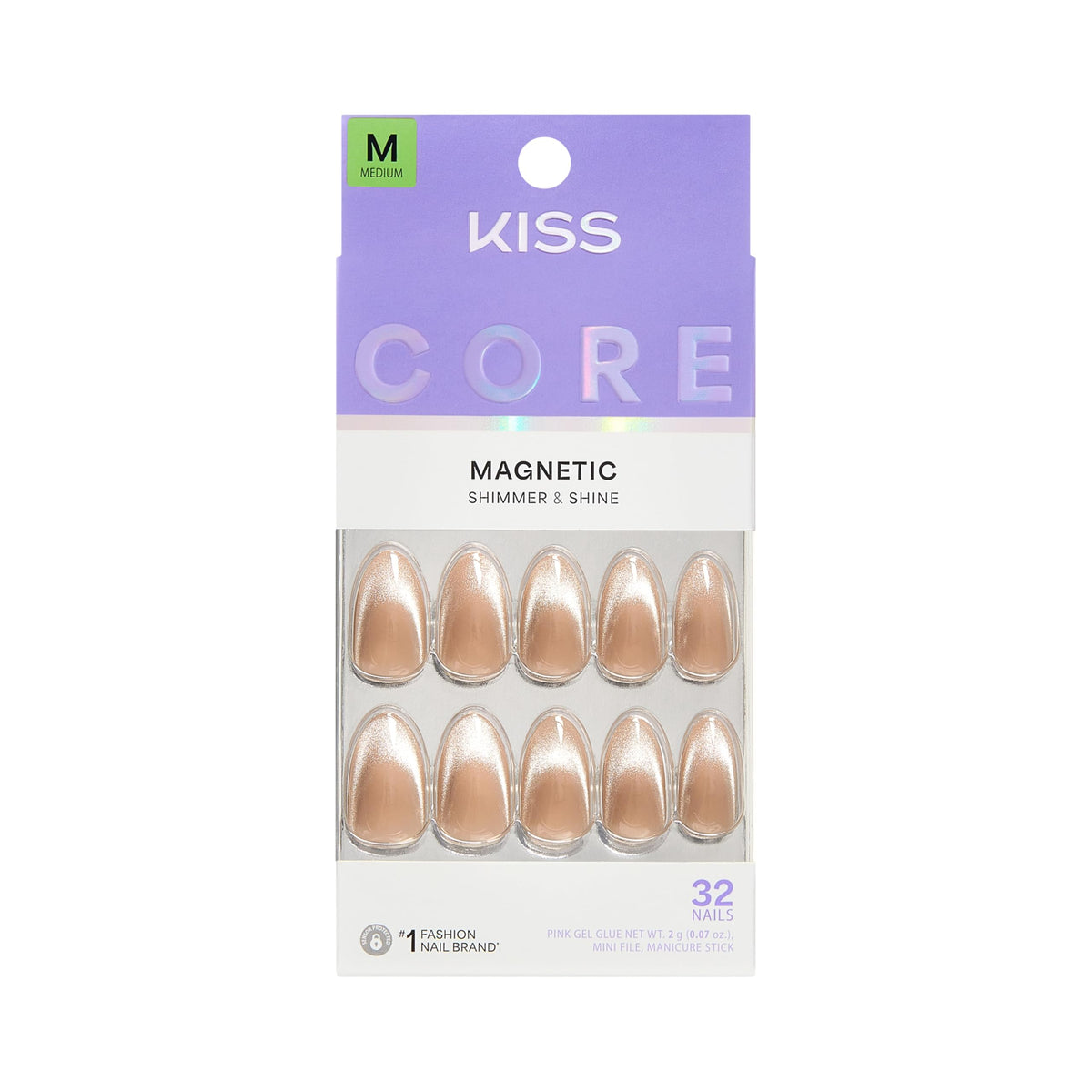 Kiss Core, Press On Nails, Nail glue included, 'Euphonious', Pink, Short Size, Almond Shape, Includes 32 Nails, 2g Glue, 1 Manicure Stick, 1 Mini File