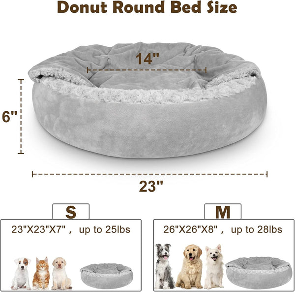 JOEJOY Small Dog Bed Cat Bed with Hooded Blanket, Cozy Cuddler Luxury Puppy Pet Bed, Donut Round Calming Anti-Anxiety Dog Burrow Cave Bed - Anti-Slip Bottom and Machine Washable 23 inch