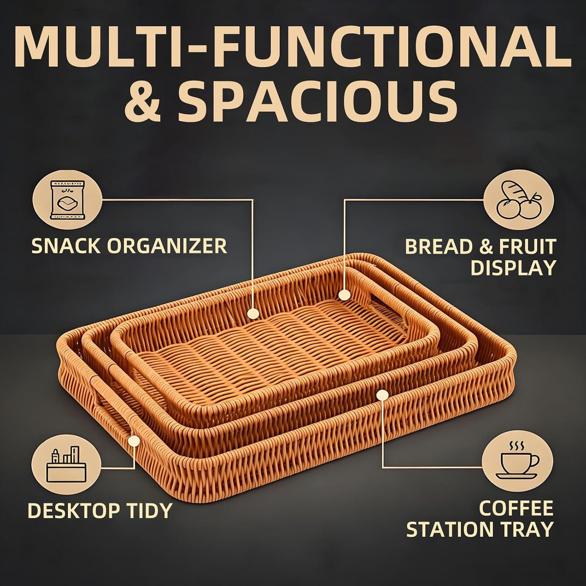 3PCS Hand-Woven 16“ Rattan Rectangular Serving Tray with Handles – Wicker Tray for Coffee Table Decor, Breakfast Basket, Drinks, Fruit, Snacks Organizer, Ottoman & Kitchen Counter Outdoor