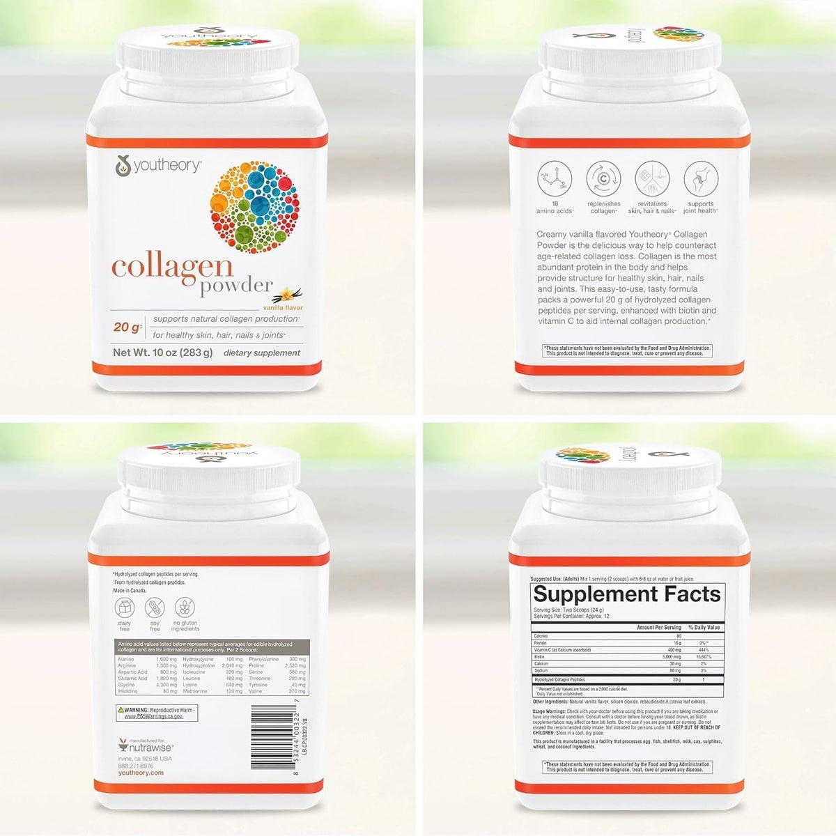 Youtheory Collagen Powder - Hydrolyzed Collagen Peptides with Vitamin C - Supports Healthy Bones, Joints & Immune System* - Vanilla - 10 oz (12 Servings)
