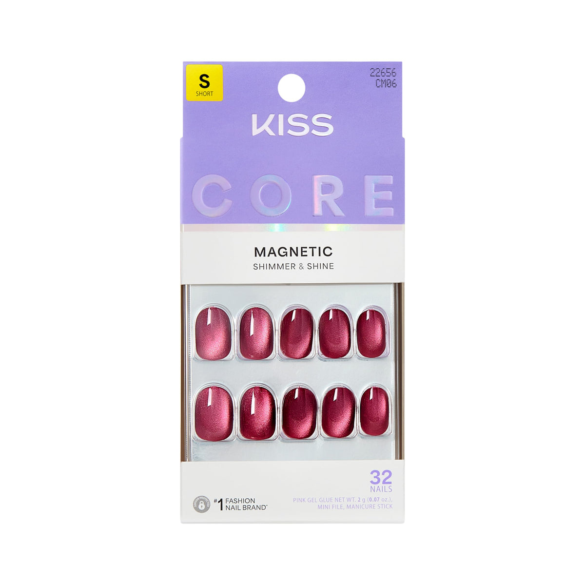 Kiss Core, Press On Nails, Nail glue included, 'Apple Blossom', Red, Medium Size, Almond Shape, Includes 32 Nails, 2g Glue, 1 Manicure Stick, 1 Mini File
