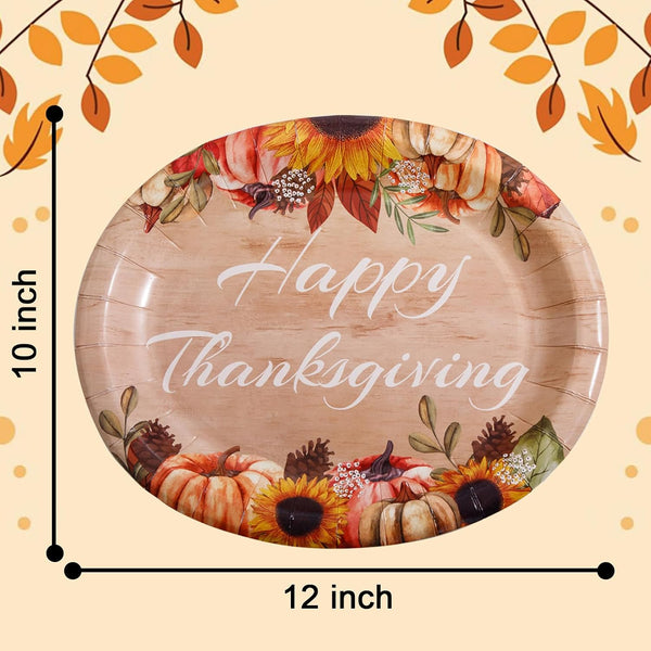 50Pack Thanksgiving Paper Plates - 10" x 12" Oval Paper Plates Dinner Size Large Disposable Platter Heavy Duty For Happy Thanksgiving Serving Tray Autumn Fall Harvest Party Supply