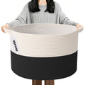 Large Woven Blanket Basket,65L Cotton Rope Laundry Basket Hamper with Handles, Decorative Nursery Basket Storage Bin for Toys, Clothes Organizer, Living Room, Bedroom, Bathroom, White & Brown