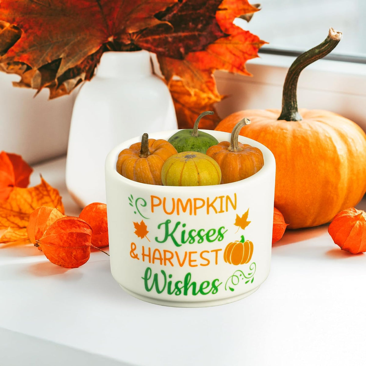 WATINC Fall Autumn Candy Dish Mini Ceramic Candy Bowl Tiered Tray Decor, Pumpkin Maple Leaves Sweets Table Shelf Decorations, Farmhouse Harvest Wishes Accents for Thanksgiving House (4.3 x 3.5 Inches)