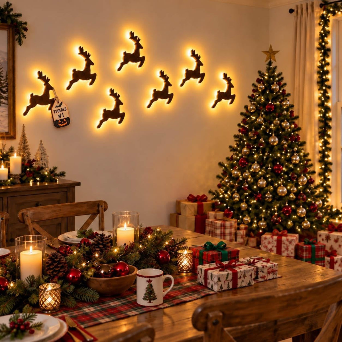 LED Reindeer Wall Decorations,3D Wooden Christmas Lighting Decor