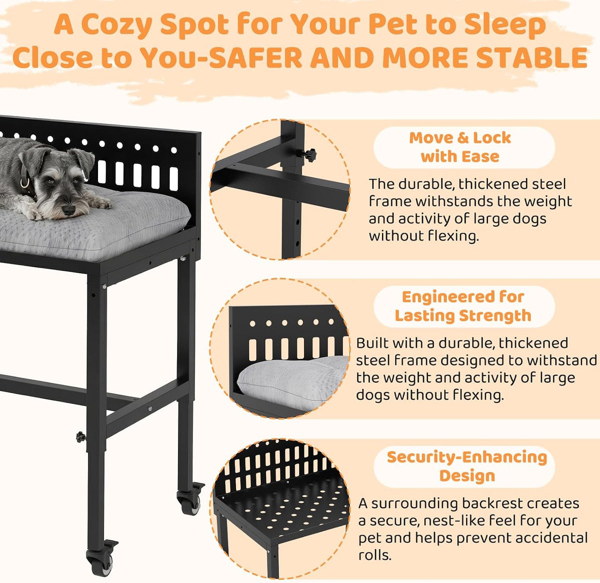 Beside Dog Bed,2 Panels Adjustable Height Dog Bunk Beds,26.8”x18.1” Metal Frame & Cushion, Converts to Bunk Bed or Bed Extension Attachment for Human Bed, for Small Dogs