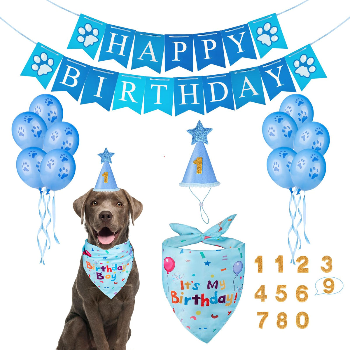 Dog Birthday Party Supplies, Dog Birthday Bandana Set, Dog Boy Girl Birthday Party Hat with Numbers for Large Medium Small Dogs Pet (Blue)