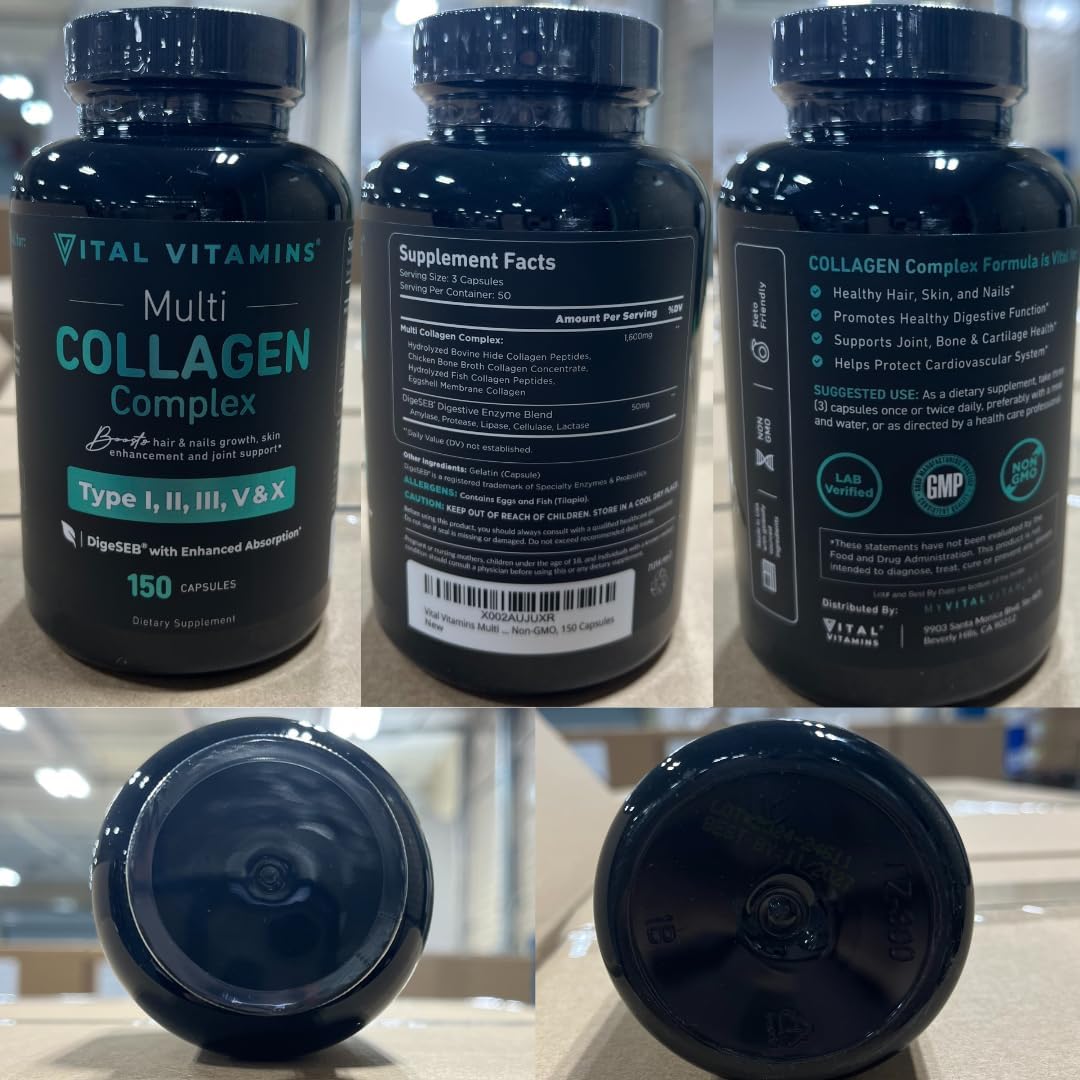 Vital Vitamins Multi Collagen Peptides Capsules for Women & Men - Type I, II, III, V, X Collagen Supplements - Grass-Fed, Non-GMO - 150 Pills