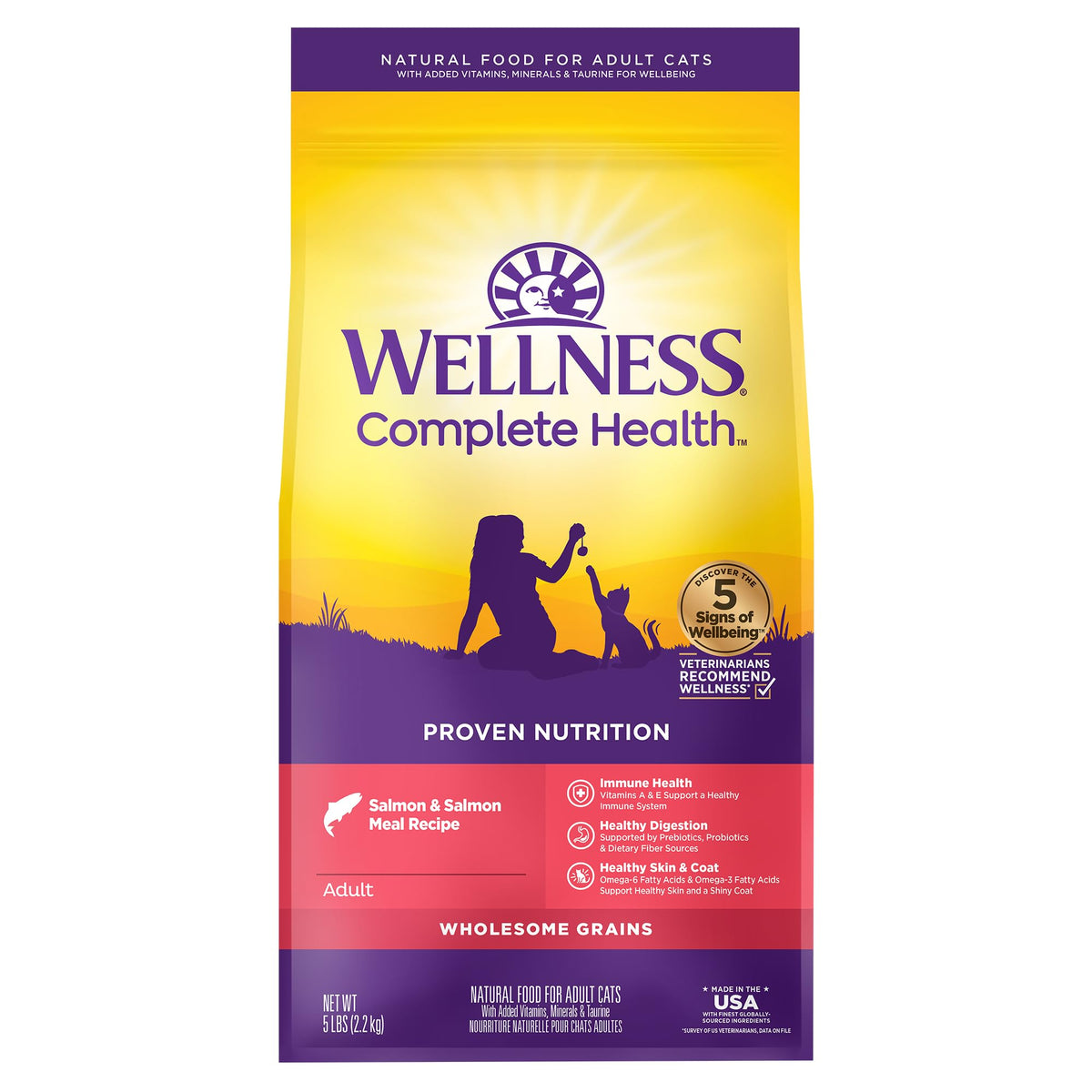 Wellness Complete Health Adult Dry Cat Food, Natural, Wholesome Grains Kibble, Chicken Recipe, 5 lb Bag