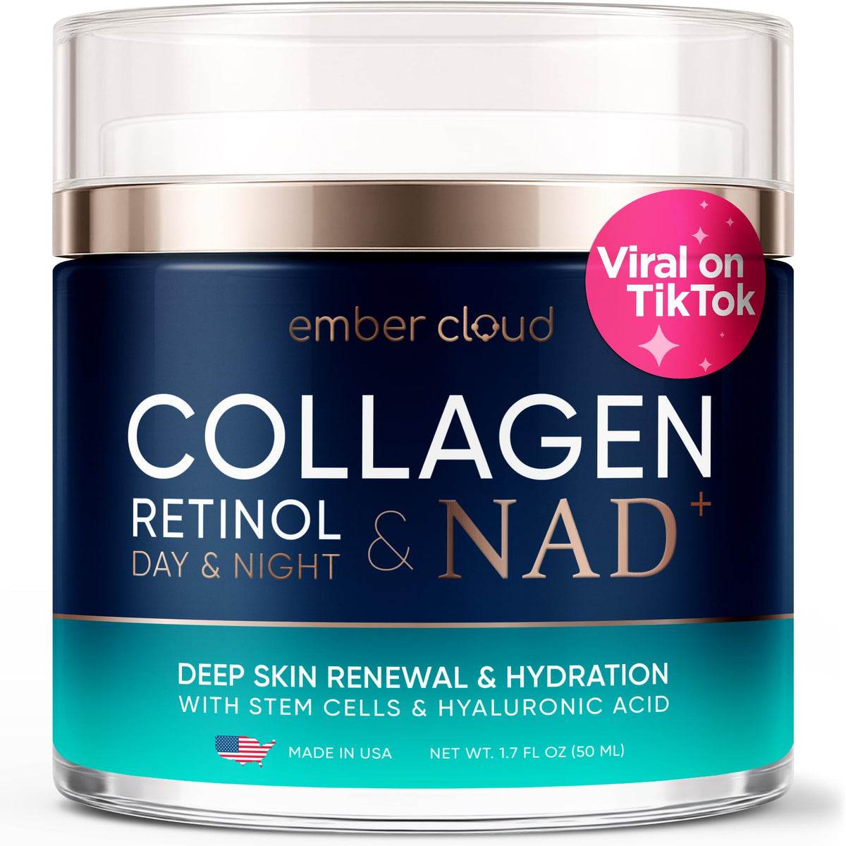 Moisturizer Collagen Anti-Aging Face Cream with Stem Cells, Retinol, Hyaluronic Acid & Niacinamide - Hydrating Day & Night Wrinkle Cream for All Skin Types - Airless Pump - Made in USA - 1.7Oz