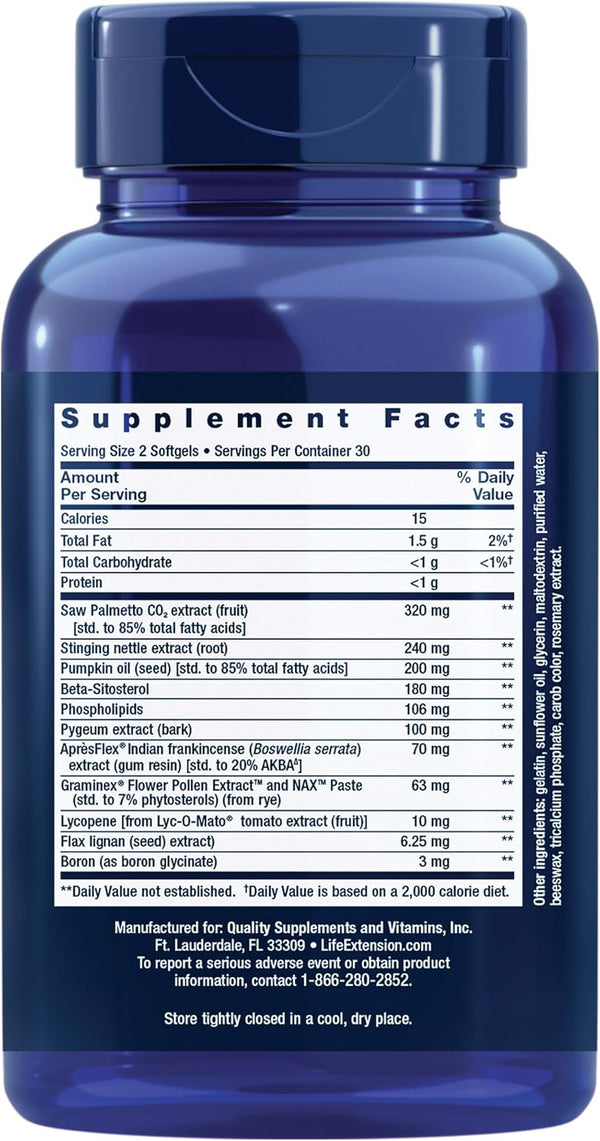 Life Extension, Ultra Prostate Formula, Saw Palmetto for Men, pygeum, stinging Nettle Root, lycopene, Prostate Health, Urination Flow, Psa, 60 Count