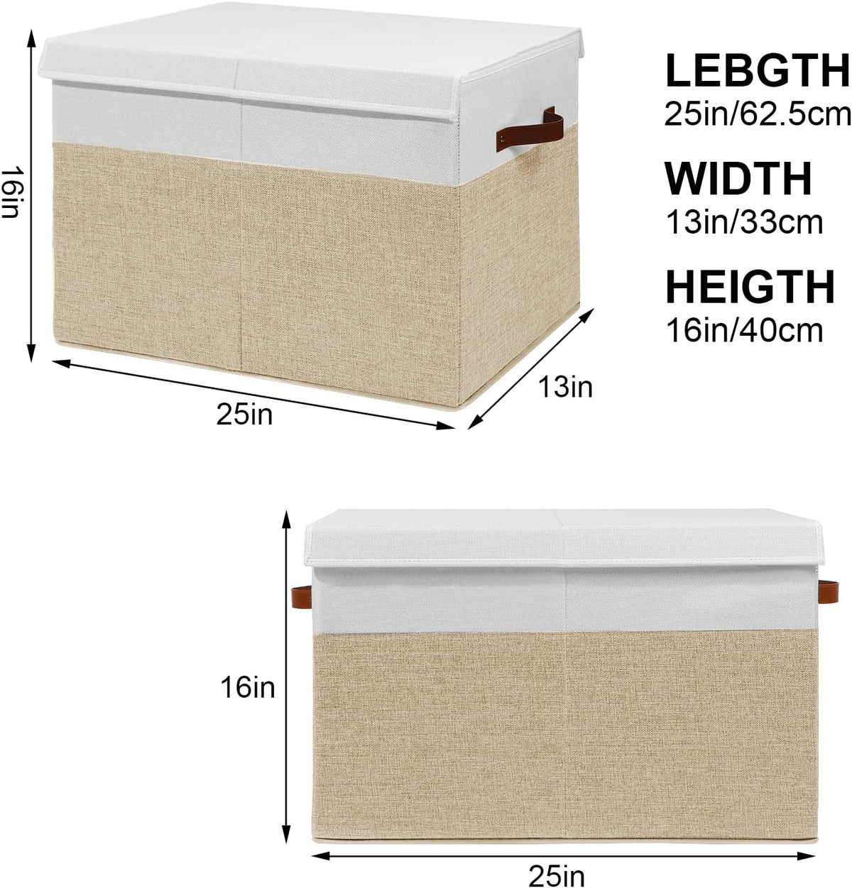 Large Toy Storage Box with Lid, Toy Chest Bin Boxes Basket with Dividers | Sturdy Toy Organizer Bin for Kids, Boys, Girls, Nursery, Living Room, Bedroom, Playroom 25"x13" x16" (Beige and White)