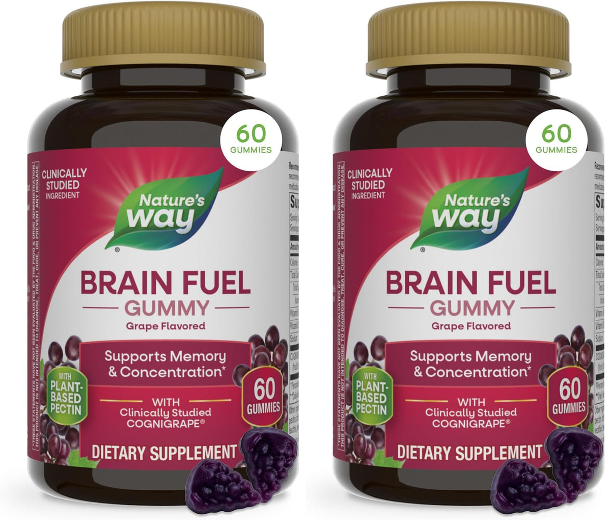 Nature's Way Brain Fuel Gummies, Brain Supplement for Focus and Memory Support,* Clinically Studied Cognigrape Supports Cognition,* Vitamins B6 & B12 Support Brain Function,* Grape Flavored, 60 Count
