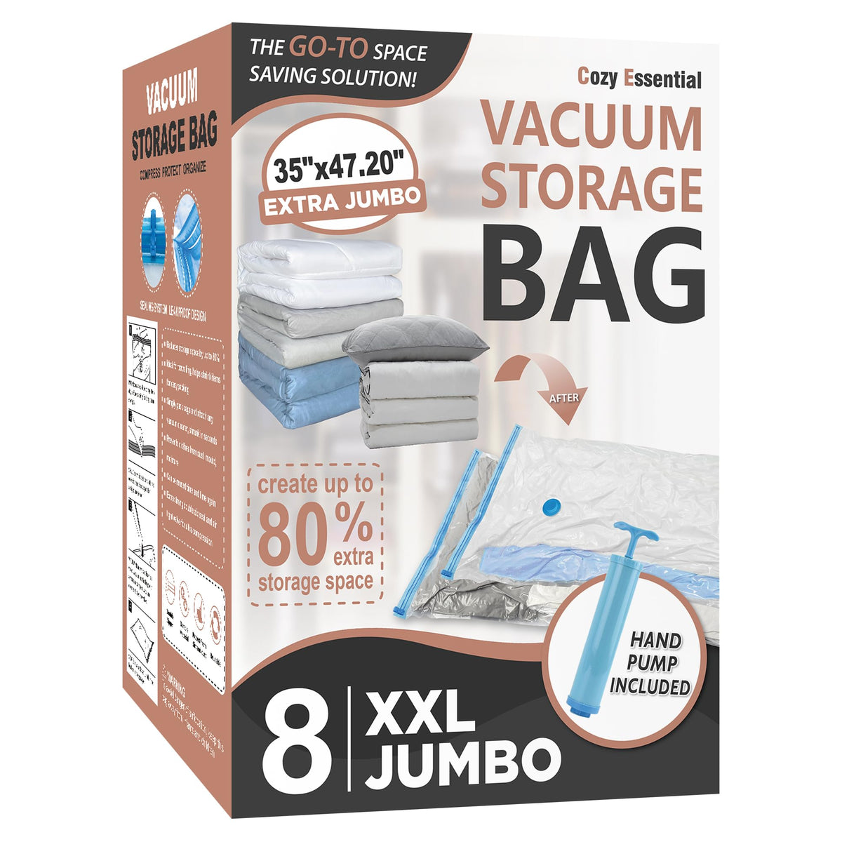 Cozy Essential Vacuum Storage Bags, 80% Compression Vacuum Seal Space Saver Plastic Packaging Bags for Clothes, Blankets, Pillow, Bedding, Comforters, Sealer Clothing Storage,20 Combo