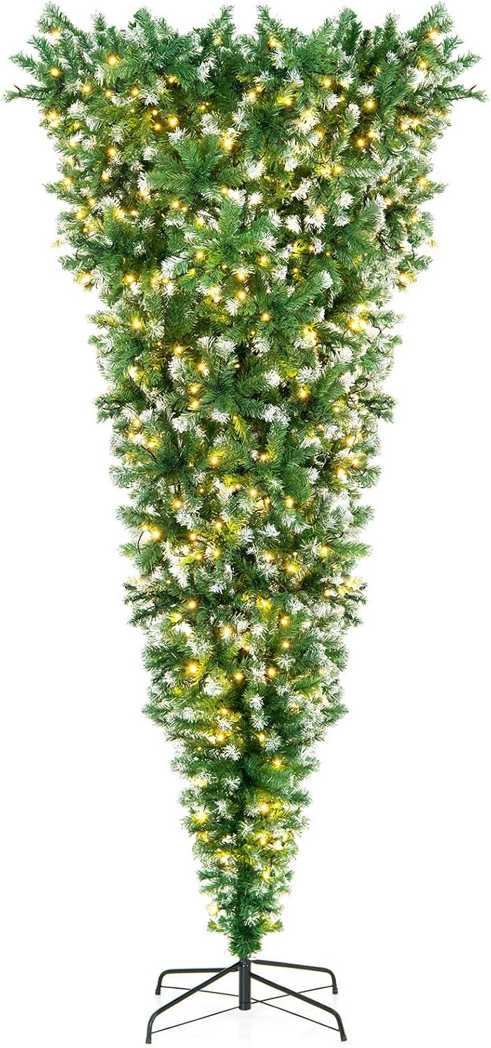 DORTALA Pre-Lit Upside Down Christmas Tree, 7.5 FT Snow Artificial Inverted Xmas Tree with 1100 Branch Tips, 400 Warm LED Lights, 8 Lighting Modes, Foldable Metal Stand, Green